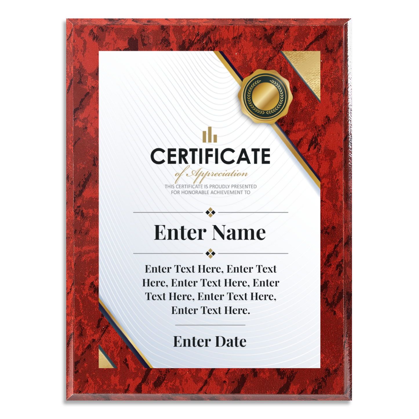 Certificate Of Appreciation 9" x 12" UV Printed Luxury Award