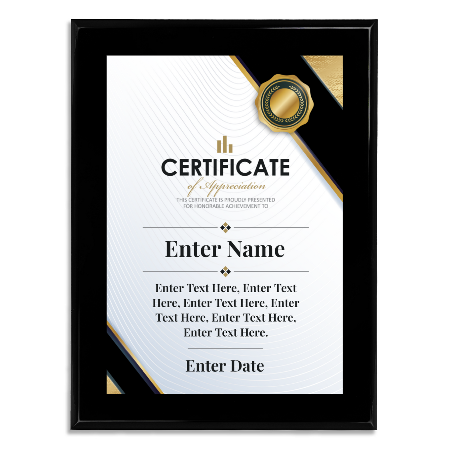 Certificate Of Appreciation 9" x 12" UV Printed Luxury Award