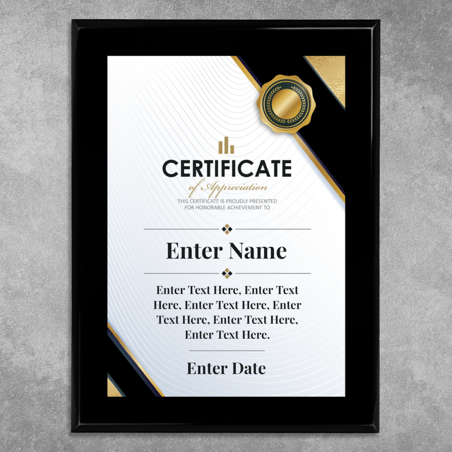 Certificate Of Appreciation 9" x 12" UV Printed Luxury Award