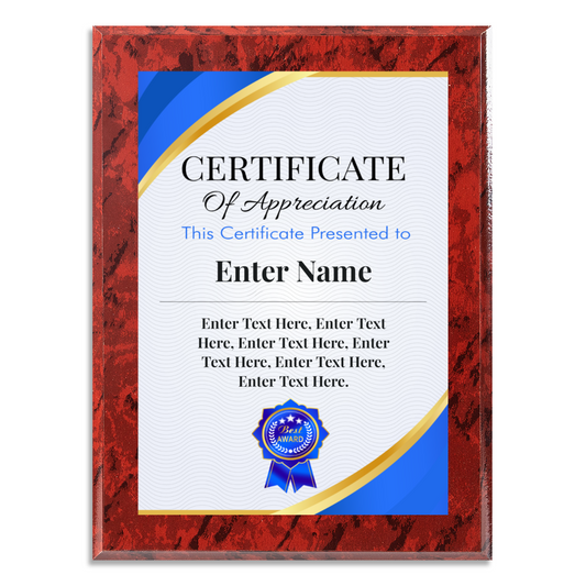 Certificate Of Appreciation 9" x 12" UV Printed Luxury Award 02