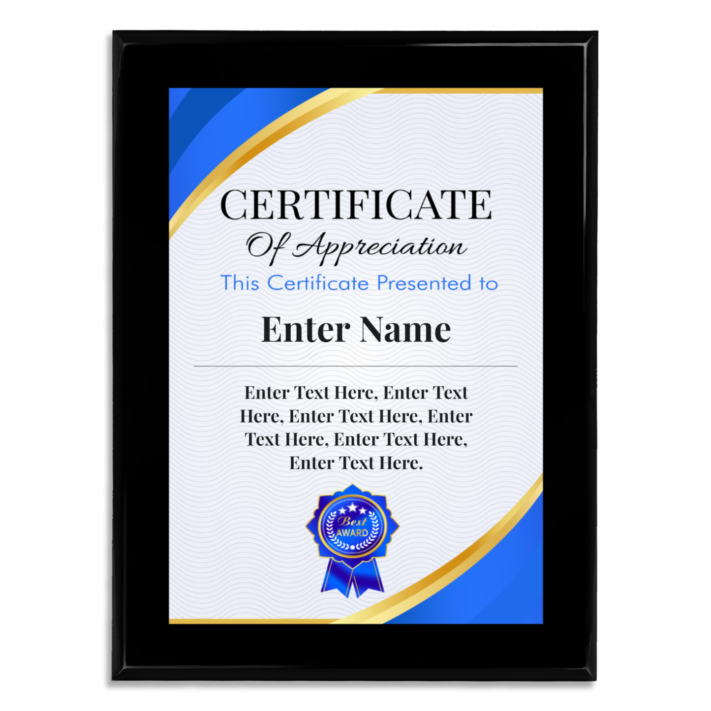 Certificate Of Appreciation 9" x 12" UV Printed Luxury Award 02