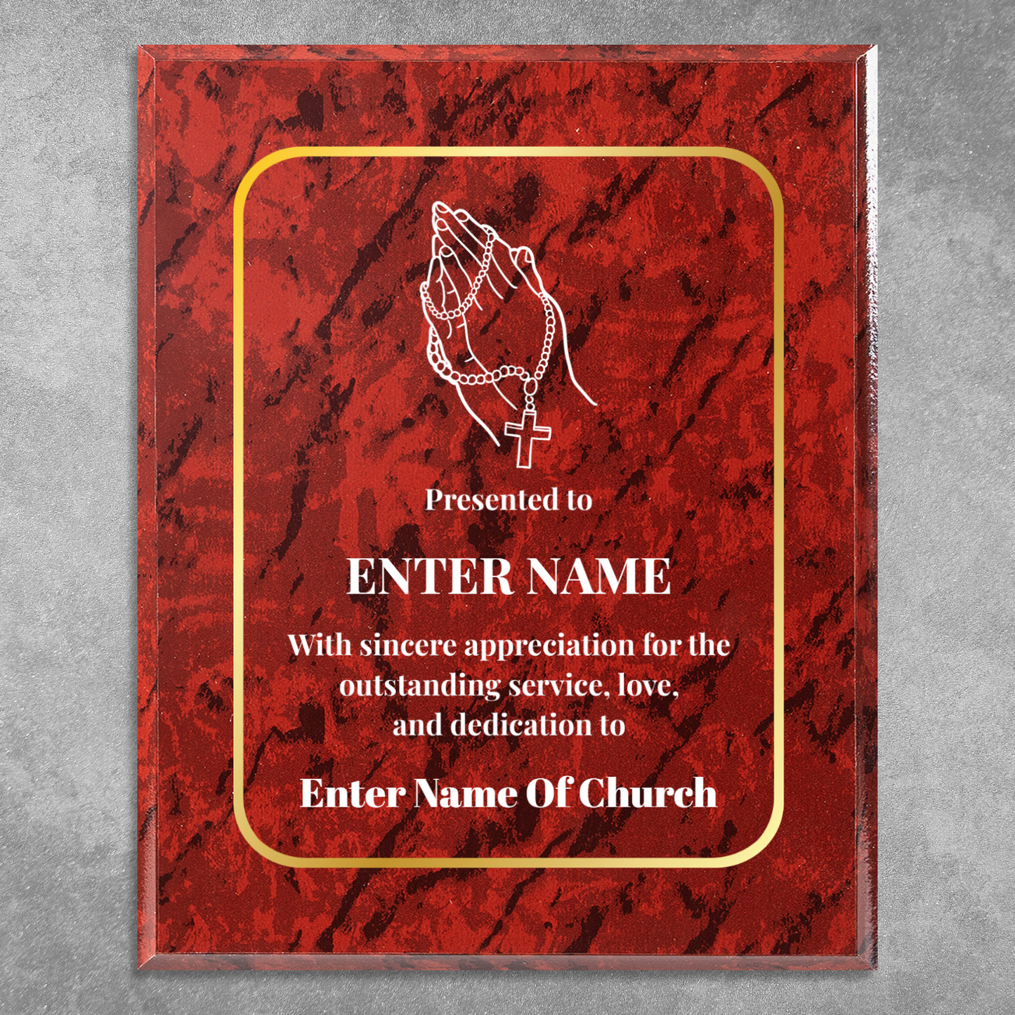Personalized Church Praying Hands With Beads  8" x 10" UV Printed Luxury Award
