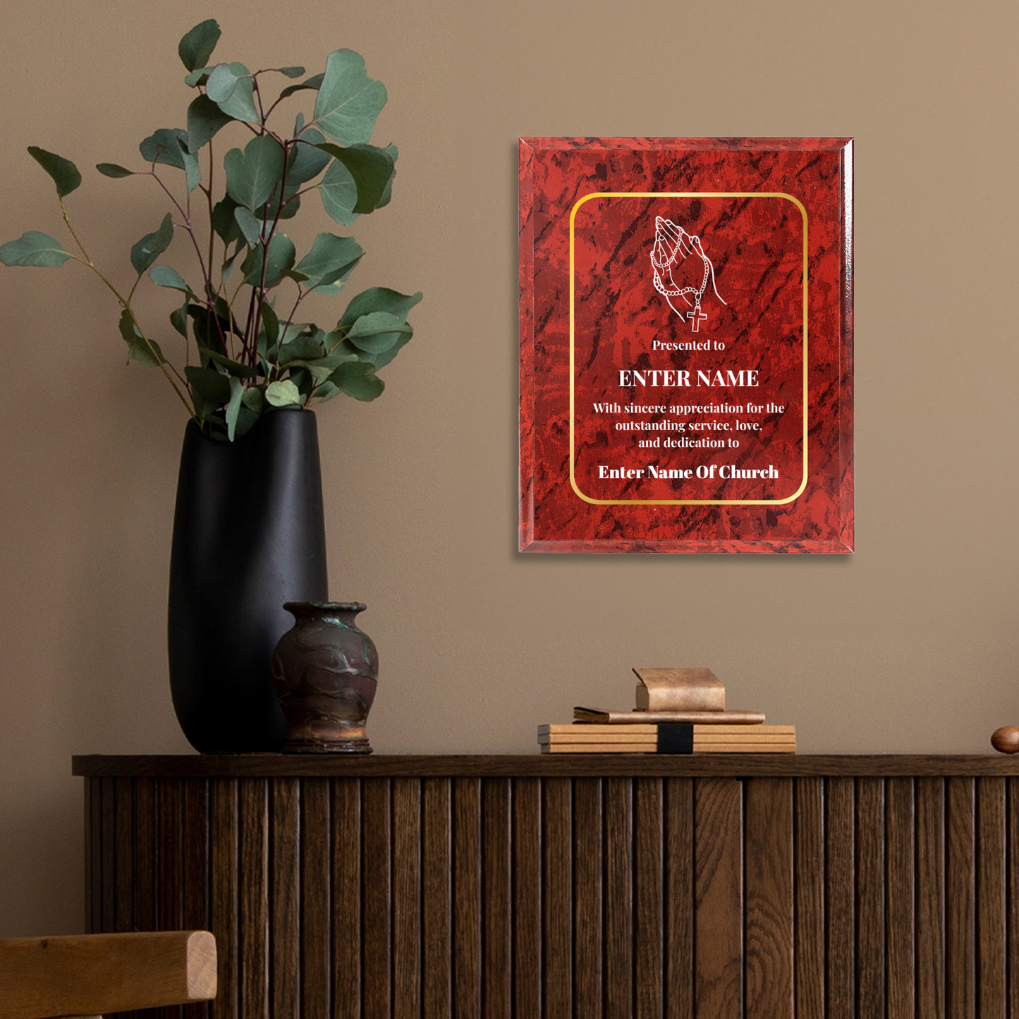 Personalized Church Praying Hands With Beads  8" x 10" UV Printed Luxury Award