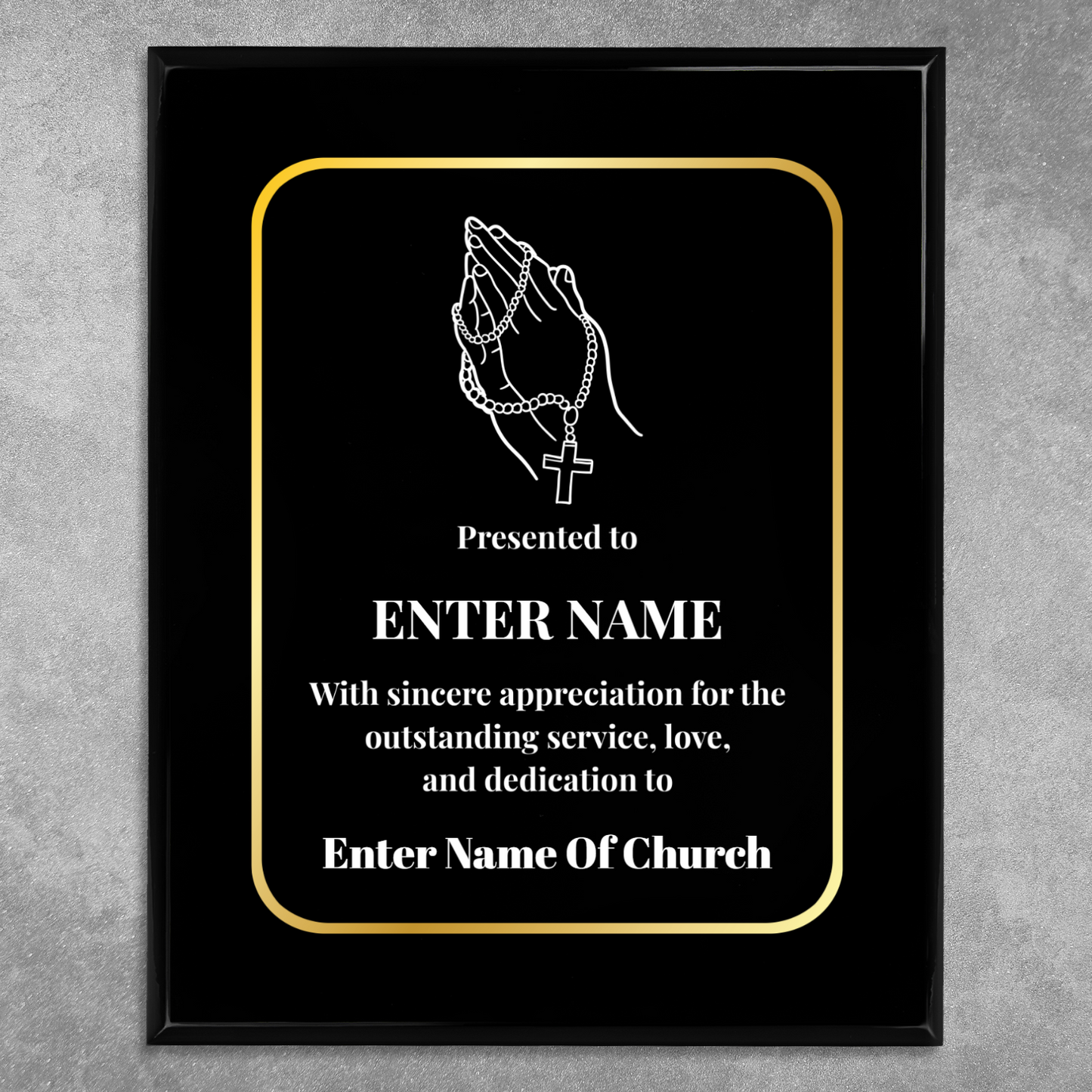 Personalized Church Praying Hands With Beads  8" x 10" UV Printed Luxury Award