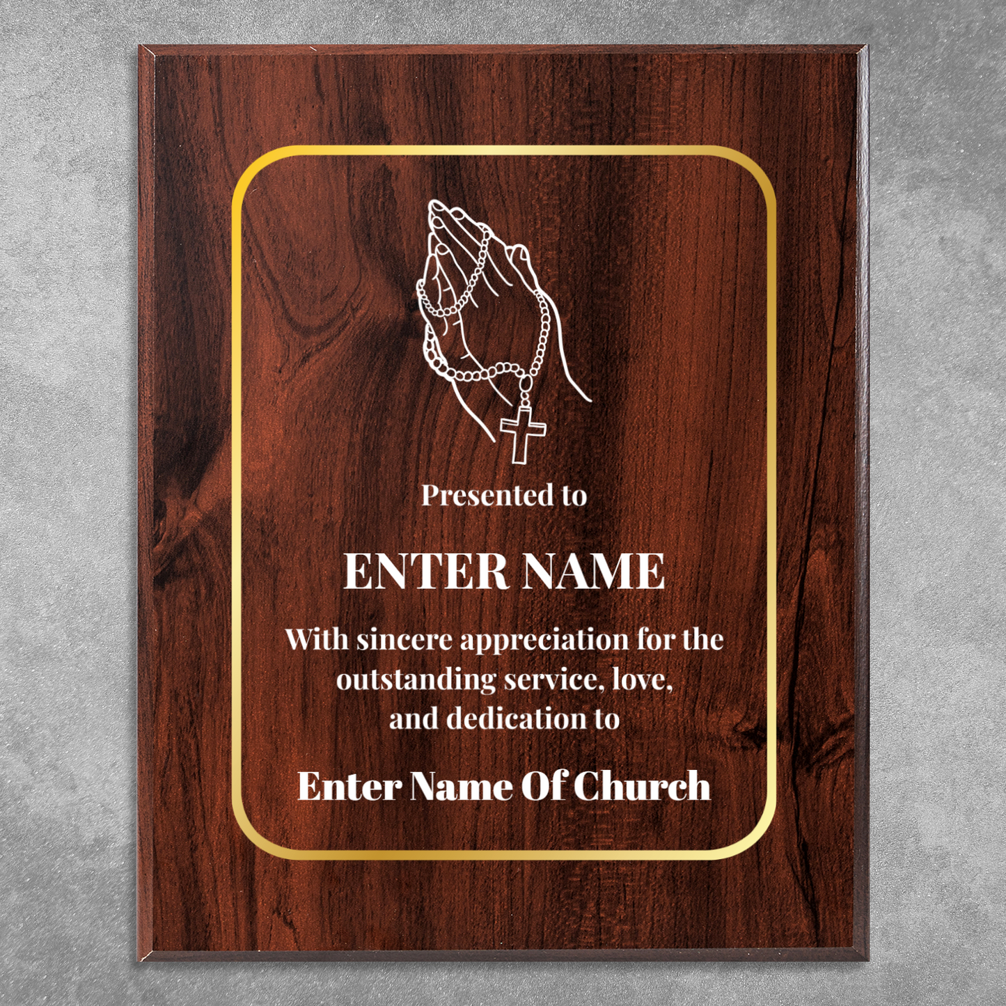 Personalized Church Praying Hands With Beads  8" x 10" UV Printed Luxury Award